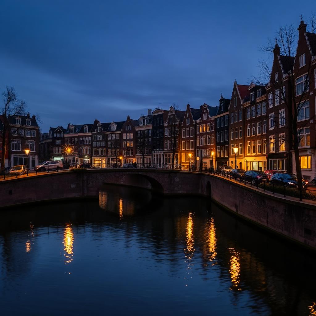 Amsterdam canal houses at blue hour