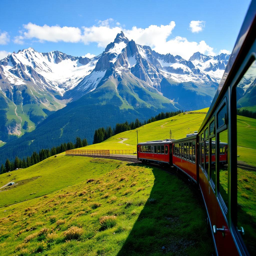 Swiss alpine village with mountain peaks reflecting in a still lake