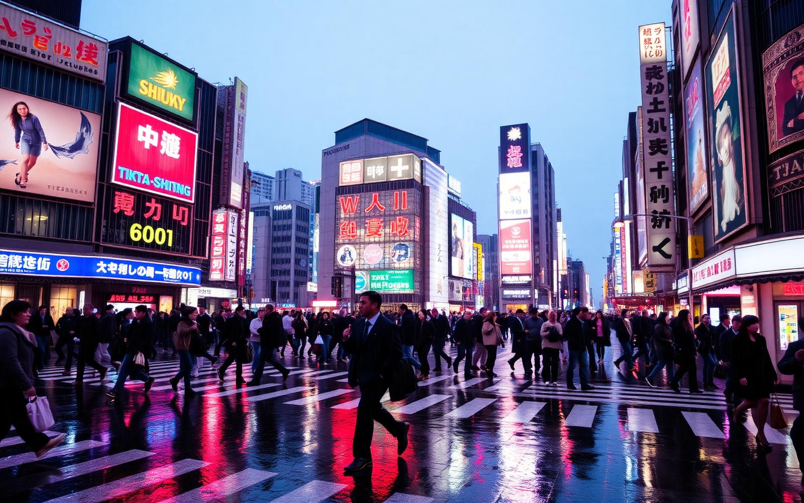 Shibuya Scramble Crossing lit up by neon billboards in the rain