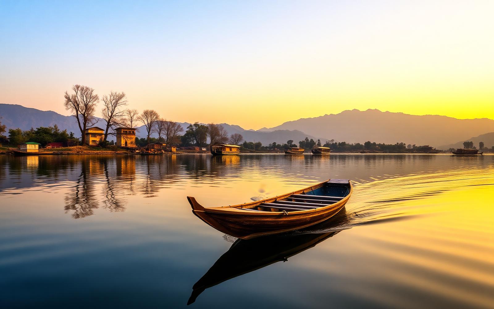 Shikaras drifting past floating gardens on Dal Lake at first light, Srinagar