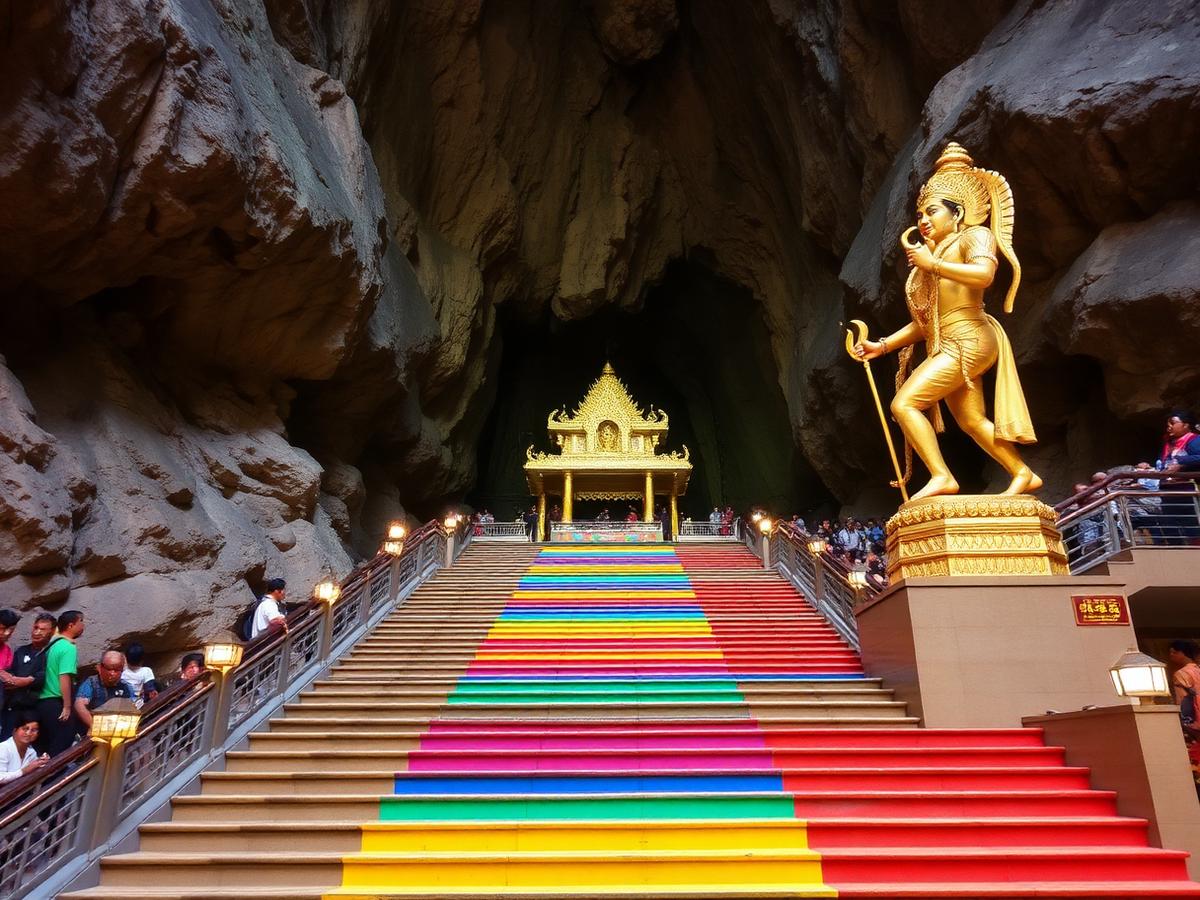 272 rainbow steps rising to Batu Caves' limestone shrine