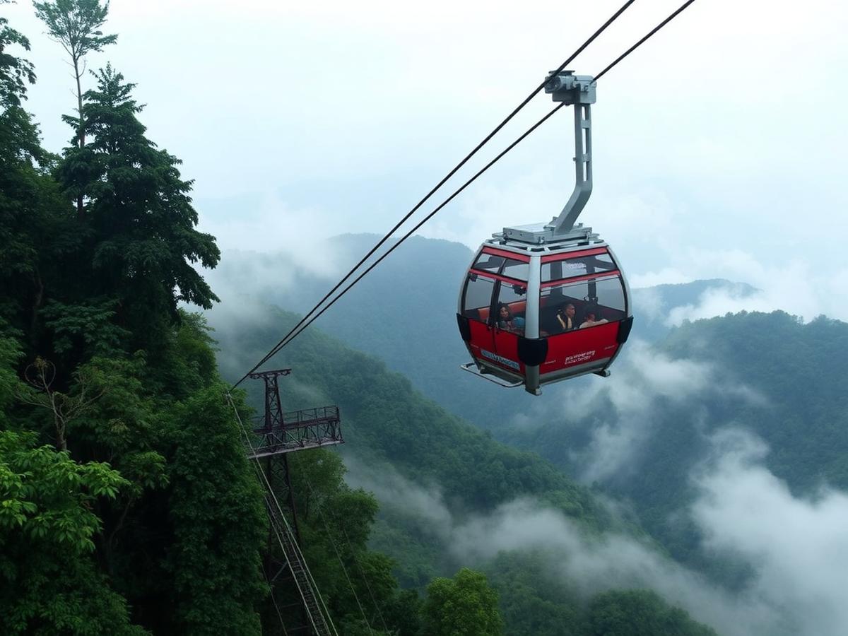 Awana Skyway cable car gliding above misty Genting rainforest