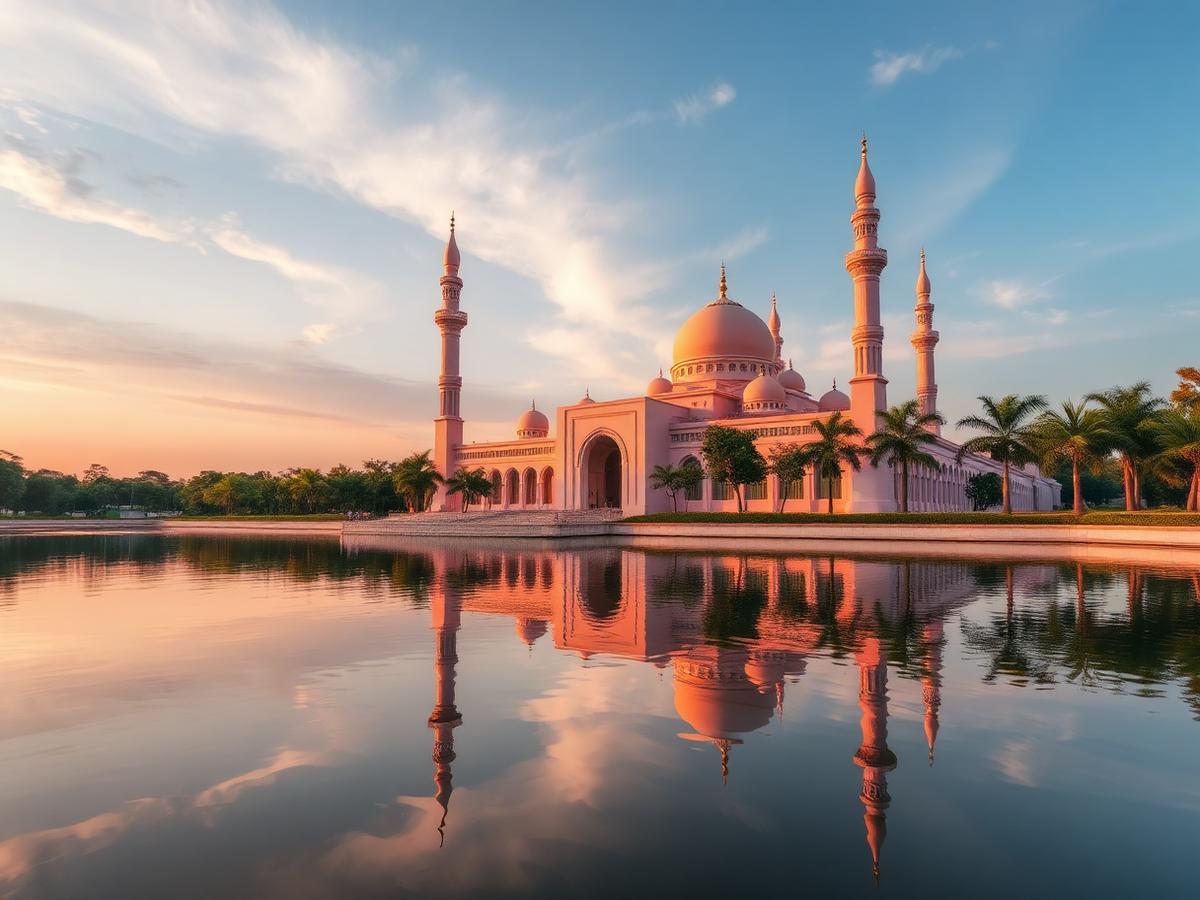Pink-domed Putra Mosque reflected in Putrajaya Lake