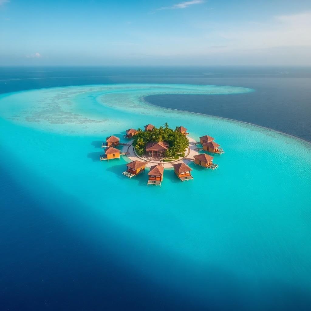 Overwater villas on a turquoise Maldivian lagoon at golden hour