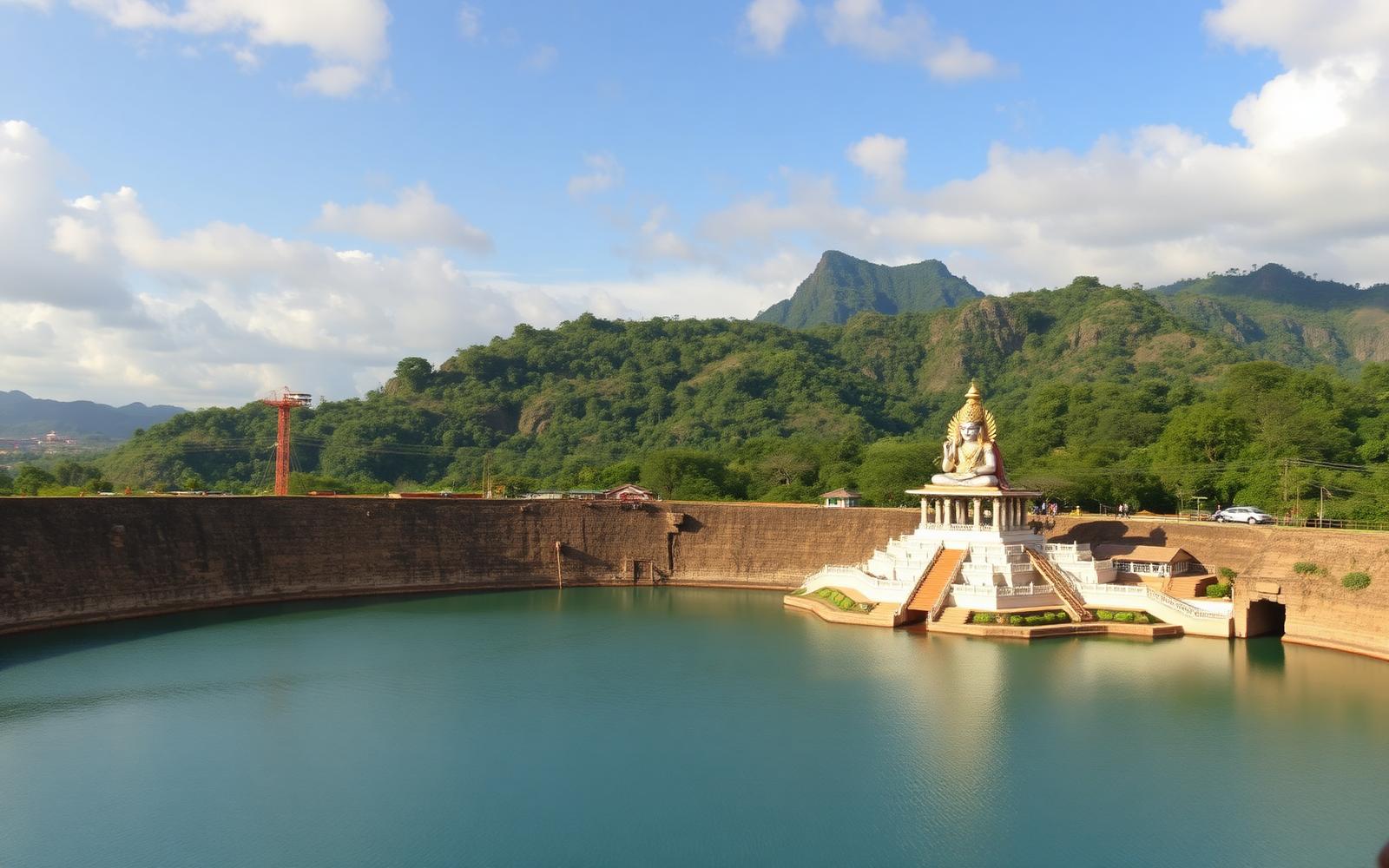 Grand Bassin (Ganga Talao) sacred crater lake with the Mangal Mahadev Shiva statue
