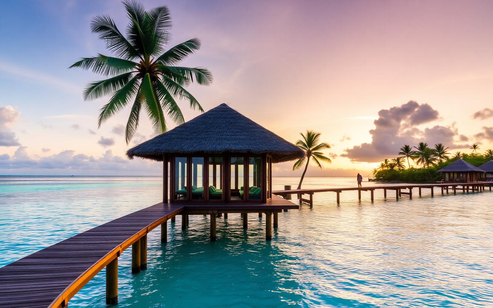 Sunset over a thatched-roof over-water pavilion on the east-coast lagoon