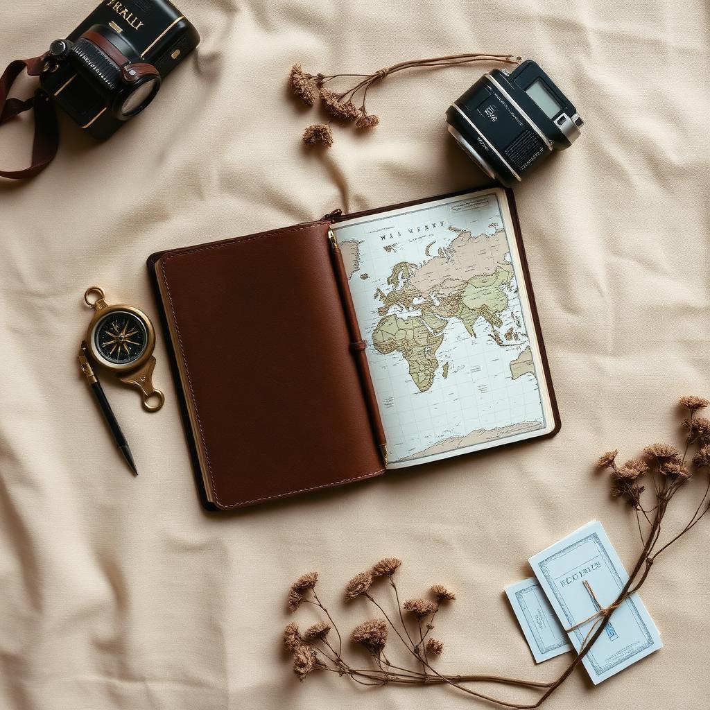 Travel journal, compass, camera and world map flat lay