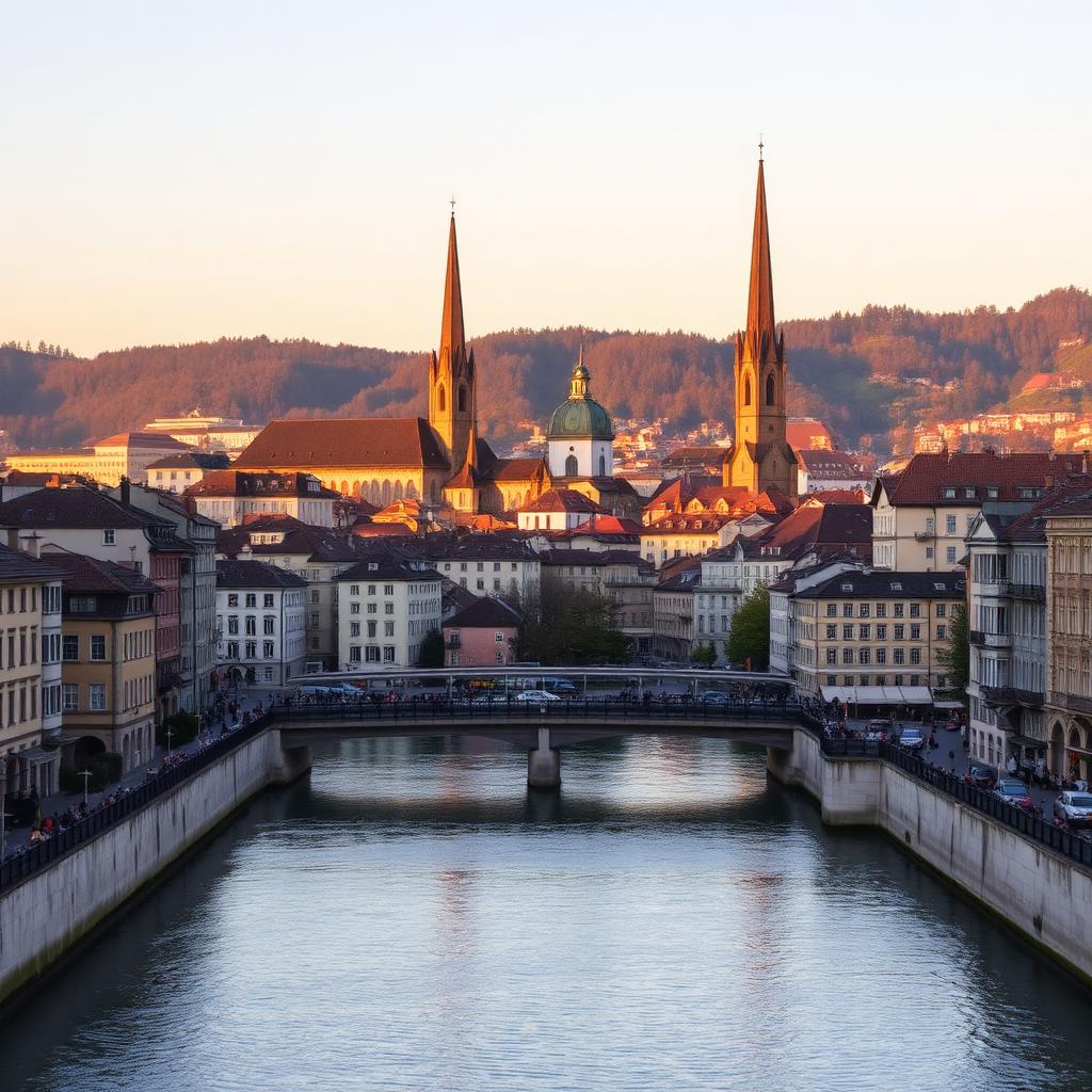 Zurich Altstadt & Grossmünster at golden hour